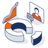 icon of a 3D line graph and circle graph showing sample data, with an avatar of a person and a message icon.