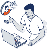 icon of a man sitting in front of a laptop, holding a hand up, with a message speech bubble above his hand.