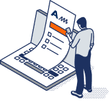icon of a man holding a phone, standing beside a large laptop, with a piece of paper containing a list leaning against the laptop screen.